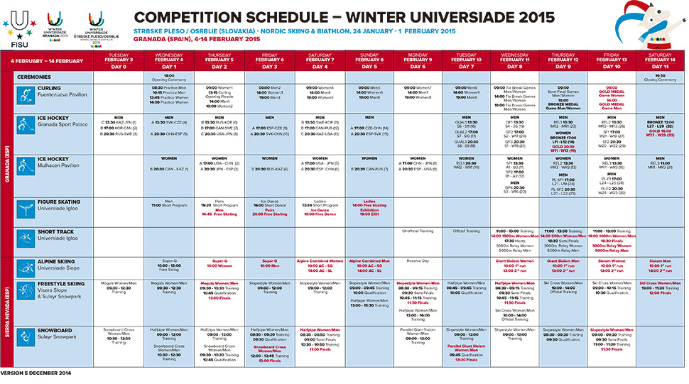 Calendario Universiada de Granada 2015
