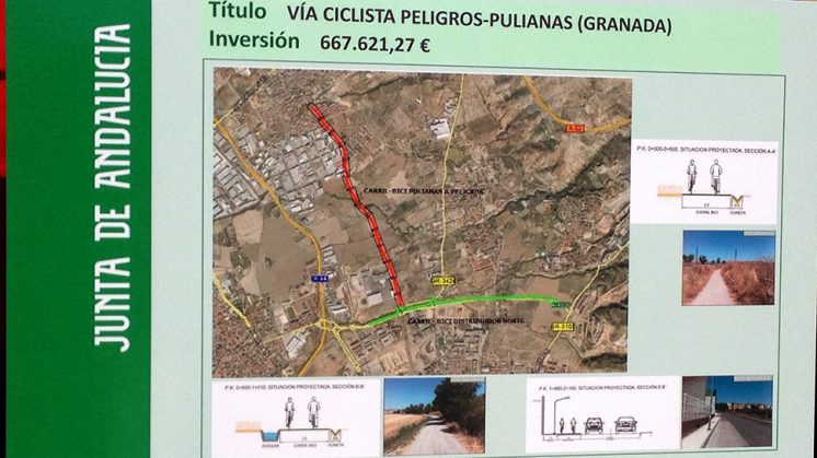 En rojo, el nuevo carril bici que se va a construir entre Peligros y Pulianas. 