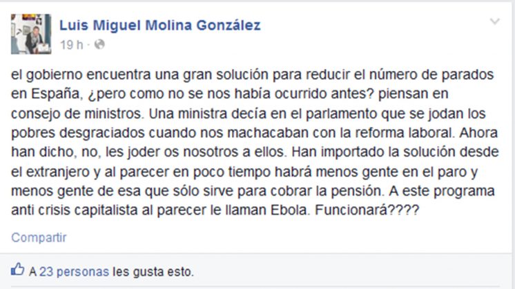Captura del comentario de Luis Miguel Molina, hecho público por el PP. Foto: PP (Pulse para ampliar)