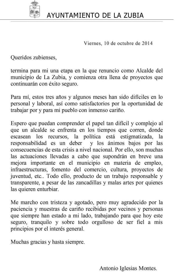 Carta despedida alcalde La Zubia