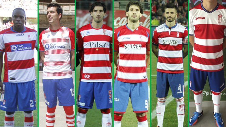 Las seis camisetas que el Granada CF ha lucido o lucirá desde el retorno a Primera. Fotos: Álex Cámara