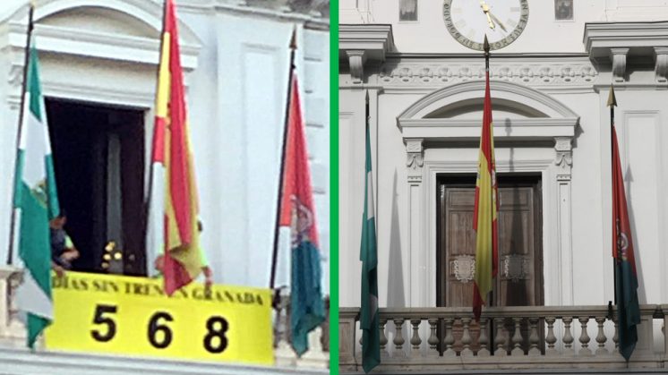 El balcón del Ayuntamiento, antes y después de la instalación del cartel este miércoles. Foto: PP y Álex Cámara