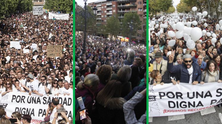 Imagen que recopila las tres manifestaciones hospitalarias en Granada en solo 40 días. Fotos: Álex Cámara